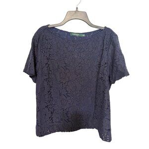 Lauren Ralph Lauren Top Navy Blue Lace Overlay S/S Womans Size L